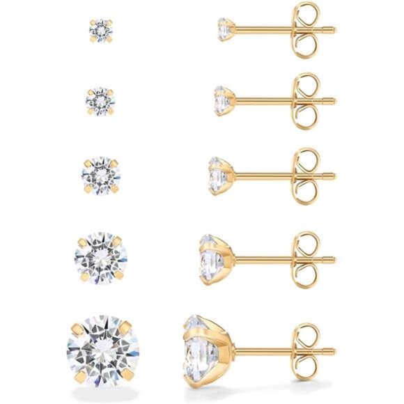 Jewelry - Waterproof Five Pairs Stud Earrings for Women - 14K Gold Plated Stainless Steel